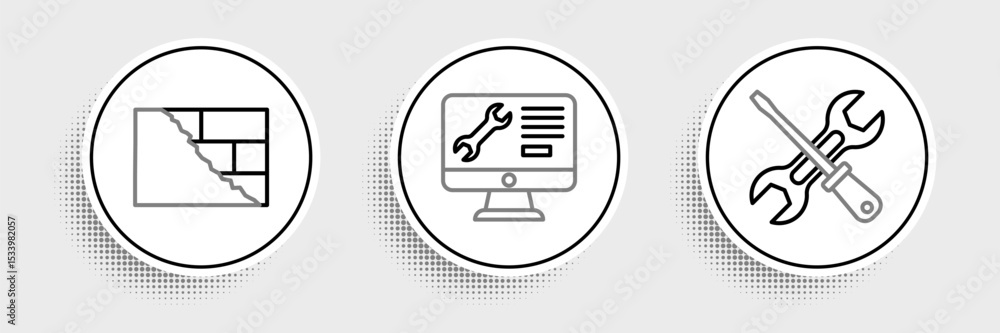 Aufkleber set line screwdriver and wrench, bricks and computer monitor service icon. vector