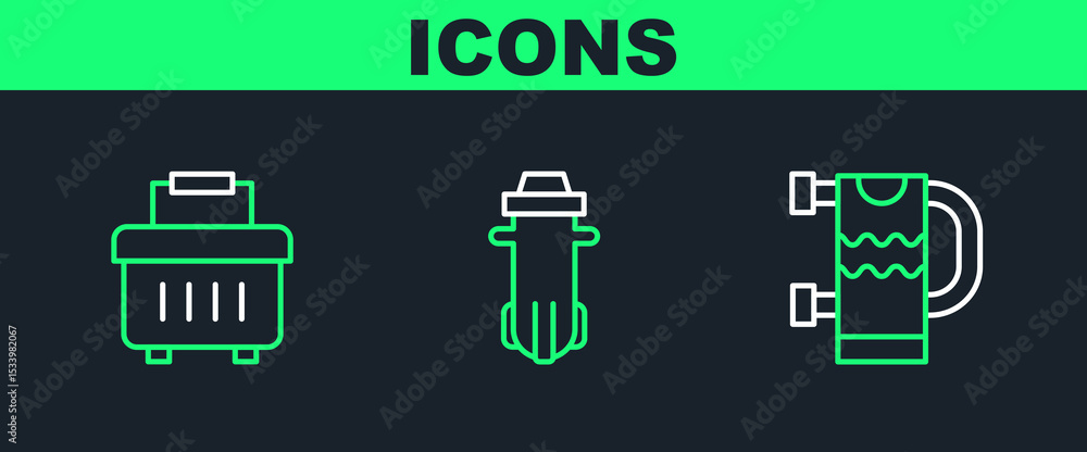 Poster set line heated towel rail, toolbox and water filter icon. vector