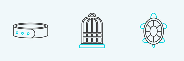Set line Turtle, Collar with name tag and Cage for birds icon. Vector