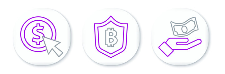 Set line Hand holding money, Coin with dollar and Shield bitcoin icon. Vector