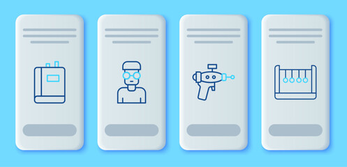 Set line Nerd geek, Ray gun, Book and Pendulum icon. Vector