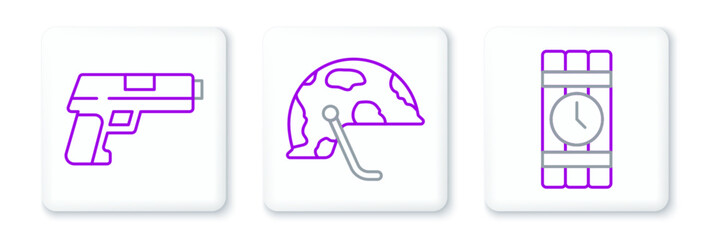 Set line Dynamite and timer clock, Pistol or gun and Military helmet icon. Vector