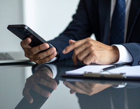 デスクでスマホを操作するビジネスマンの手元