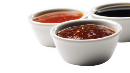 Three dipping sauces in white bowls