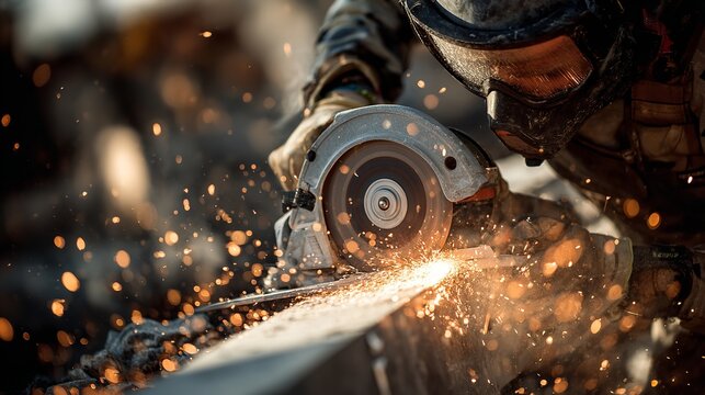 A worker cutting metal with a circular saw creating sparks in a blurred outdoor environment scene