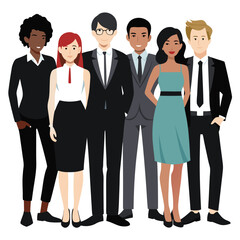 A successful group of diverse businesspeople in suits stands together, showcasing teamwork and professional leadership