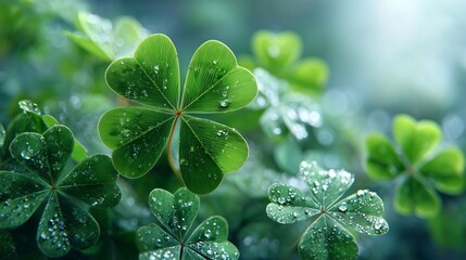 St. Patrickâ€™s shamrock with green-tinted shades on misty white backdrop, lucky holiday vibe, Irish party theme