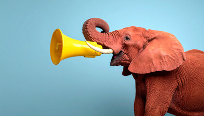 Generated image Funny red elephant holds a yellow loudspeaker in its paws and screams 
