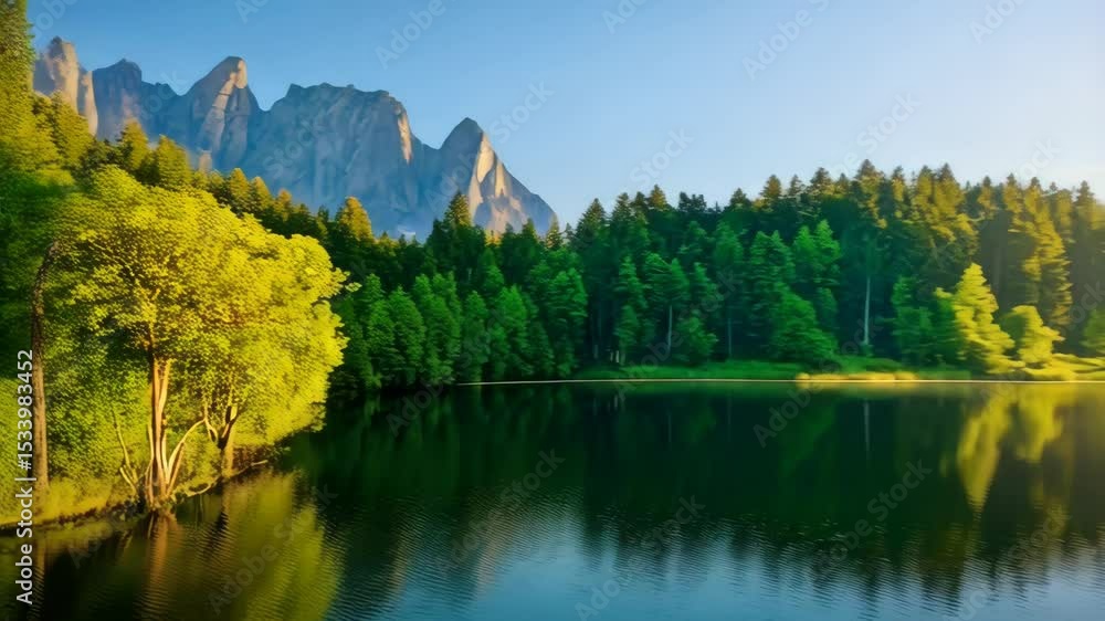 Poster scenic view of a tranquil lake with forest and mountains during sunrise creating a peaceful and sere