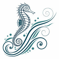 Teal and Dark Blue Seahorse Coastal Swirl Design White Background vector