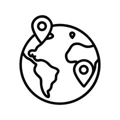 Black and White Globe with Pin Minimal Vector Line Drawing
