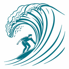 Teal Silhouette Surfer Riding a Large Tube Wave on White Background surfing ocean