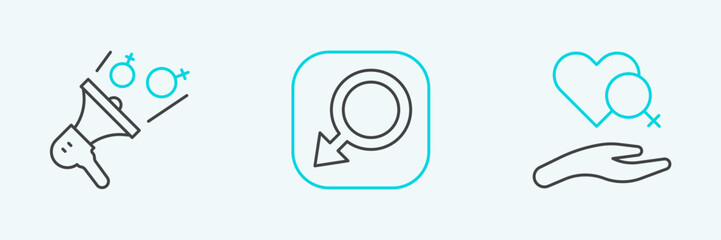 Set line Heart with female gender, Feminist activist and Male icon. Vector