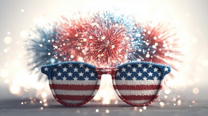 Fourth of July firework wearing patriotic sunglasses on hazy white background, USA independence day, explosive fun
