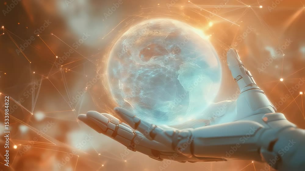 Poster digital genesis: an awe-inspiring, digital rendering showcases a robotic hand delicately cradling a 