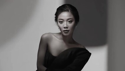 Asian Woman in Black and White Against a Light Grey Background - Powered by Adobe