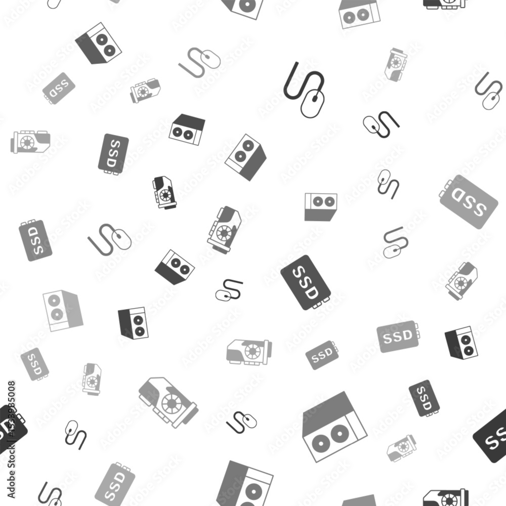 Poster set computer mouse, case of computer, ssd card and video graphic on seamless pattern. vector