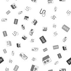 Set Computer mouse, Case of computer, SSD card and Video graphic on seamless pattern. Vector