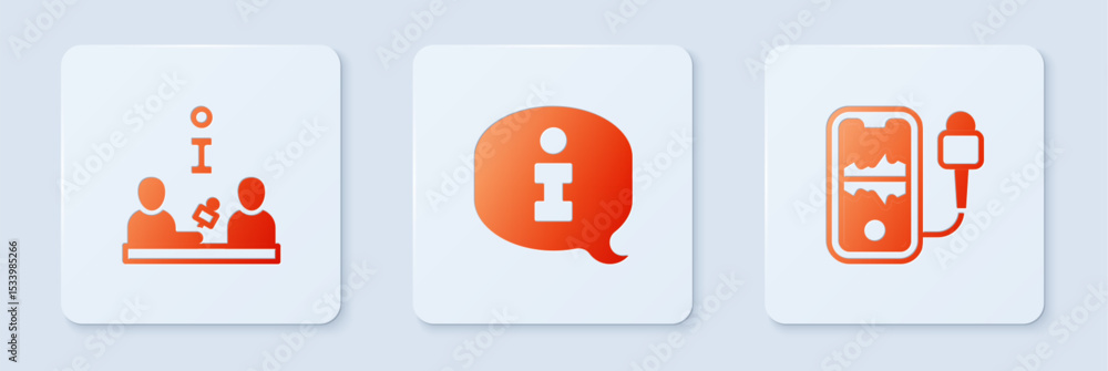 Poster set information, interview and mobile recording. white square button. vector