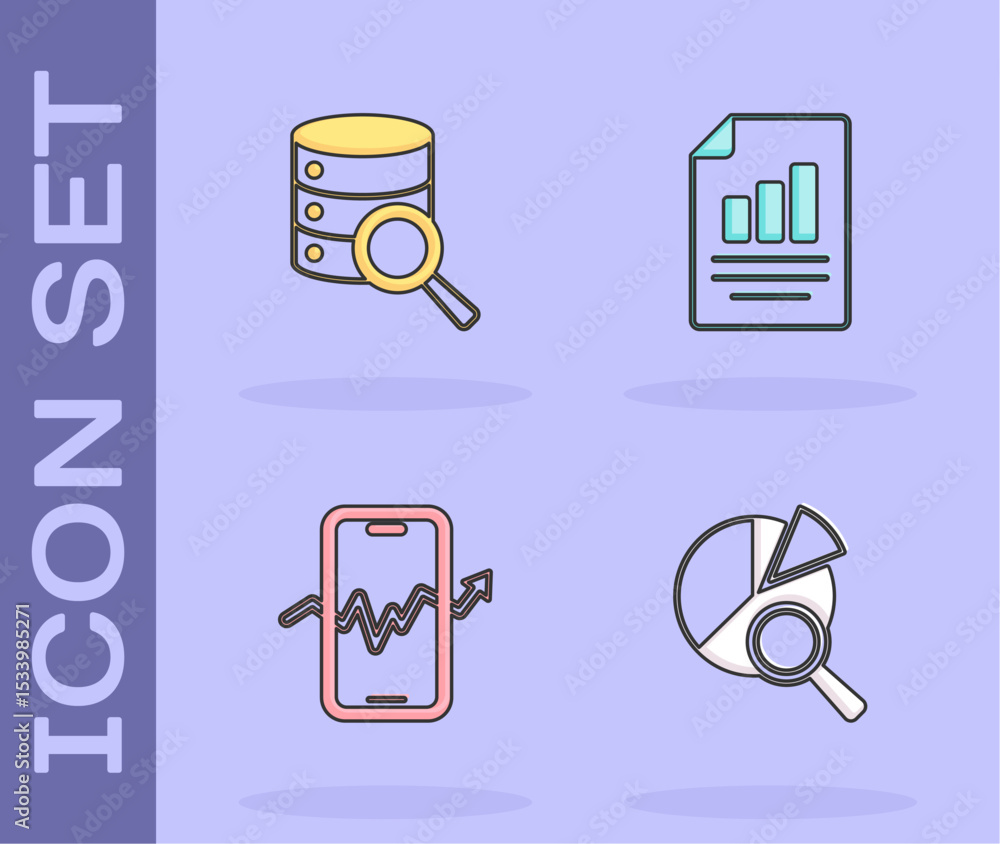 Poster set search data analysis, server, mobile stock trading and document with graph chart icon. vector
