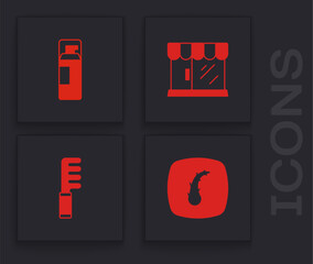Set Human hair follicle, Shaving gel foam, Barbershop building and Hairbrush icon. Vector