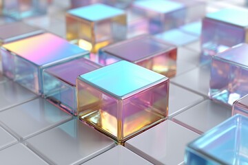 Holographic 3D metal grid on white, iridescent color shifts, futuristic UI background
