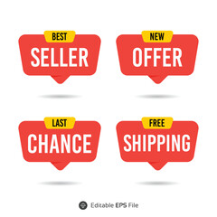 A vibrant collection of promotional badges and labels featuring phrases like 