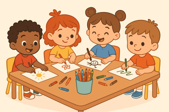 Happy multicultural children drawing at a table. Preschool or kindergarten kids in an art lesson. Cute cartoon vector of creative group activity, friendship and early childhood education.