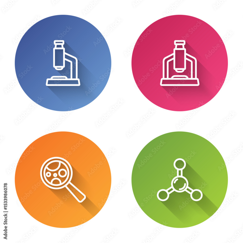 Aufkleber set line microscope, microorganisms under magnifier and molecule. color circle button. vector