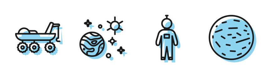 Set line Astronaut, Mars rover, Space and planet and Planet Mars icon. Vector