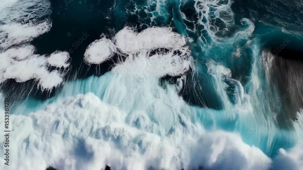 Poster aerial view of a massive ocean wave crashing in deep blue water creating sea foam textures and patte