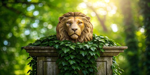 Lion head stone sculpture covered with green ivy in sunlit garden
