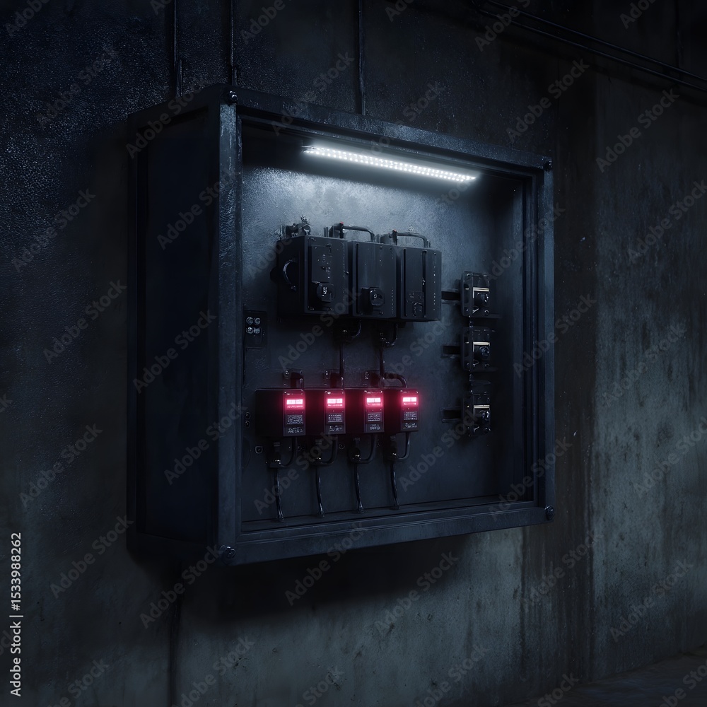 Poster floating control panel with refinery layout and digital sensor lights