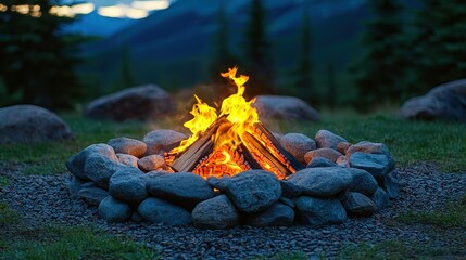Campfire crackling in a stone circle, twilight mountains