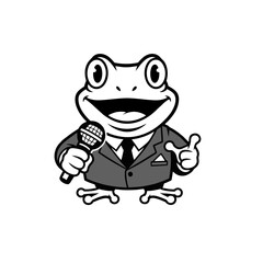 Funny Frog Logo, Frog Holding a Microphone Like a Stand-up Comedian, Monochrome Cartoon Design