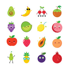 Cute Flat Style Kawaii Fruit Characters Collection with Happy Faces and Summer Expression for Kids

