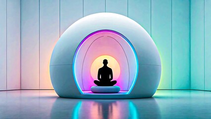 Person meditating inside glowing futuristic dome with colorful ambient light
