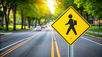 Yellow pedestrian crossing road sign with school bag on city street
