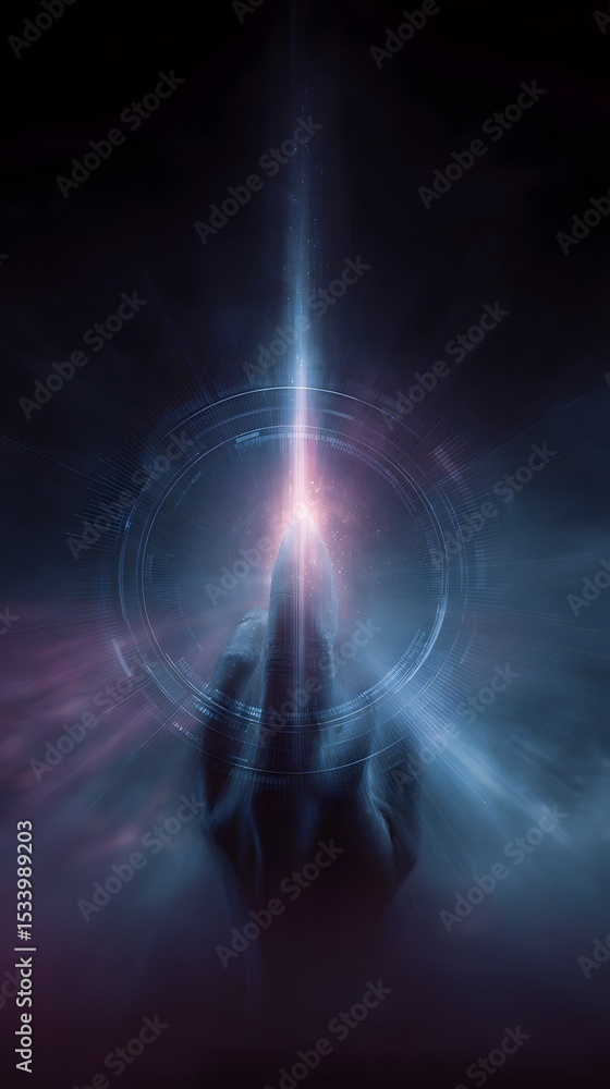 Poster rocket shaped hologram rising from palm with tech ui rings and motion blur
