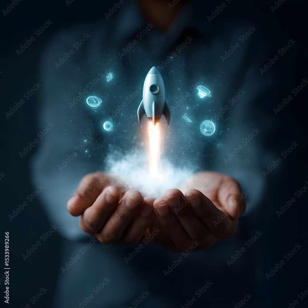 Poster hands presenting a glowing rocket projection with surrounding futuristic icons