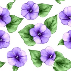 Delicate purple flower and leaf pattern on white background.