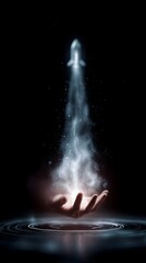 Fototapeta premium Rocket shaped hologram rising from palm with tech UI rings and motion blur
