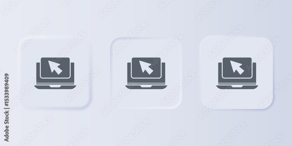 Poster Grey Laptop and cursor icon isolated on grey background. Computer notebook with empty screen sign. Set icons in square buttons. Vector