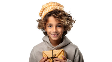 Smiling boy holding gift, festive holiday portrait, cute curly-haired child, joyful winter season, isolated on transparent background.