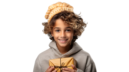 Smiling boy holding gift, festive holiday portrait, cute curly-haired child, joyful winter season, isolated on transparent background.
