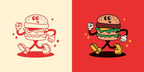Retro Burger Guy Cartoon. Vector Illustration of Old Fashion Vintage Happy Concept. Street Food Boy Walk.