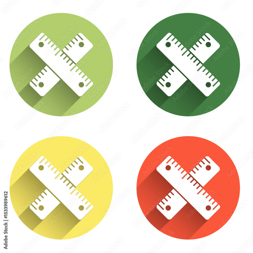 Aufkleber set crossed ruler icon isolated with long shadow background. straightedge symbol. color circle butto