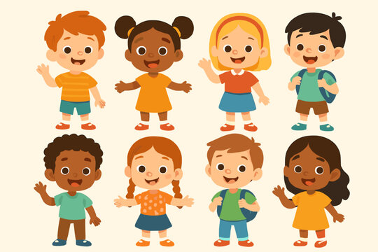 Set of diverse children characters. Happy multicultural kids smiling and waving. Group of cute cartoon students for school, kindergarten, or preschool. Vector illustration collection.