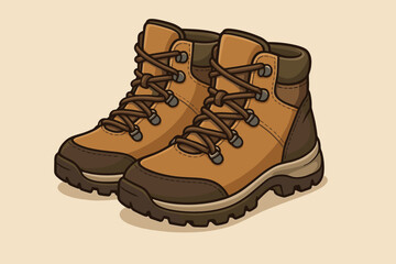 Hiking boots vector illustration. Pair of trekking shoes for outdoor adventure and tourism. Camping equipment footwear icon. Modern brown mountain boot for walking and travel.