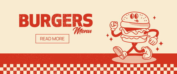 Retro Burger Guy Web Banner. Vector Illustration of Old Fashion Vintage Cartoon Happy Concept. Street Food.